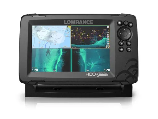 Écran du sondeur Lowrance Hook 7 affichant une carte nautique et des vues sonar. Réglage sondeur Lowrance Hook 7 pour une pêche réussie.