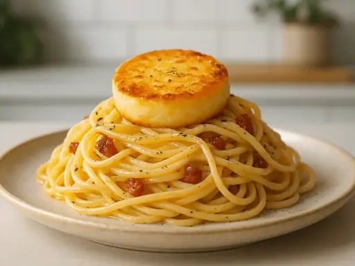 Porcja spaghetti carbonara z okrągłym, podsmażonym serem na wierzchu.