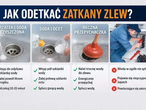 Jak udrożnić rury odpływowe? Zobacz metody: wrzątek z sodą, soda z octem, ręczna przepychaczka. Unikaj powtarzających się zatorów i nieprzyjemnych zapachów.