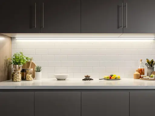 Éclairage subtil sous les armoires sombres, mettant en valeur le carrelage blanc et les objets décoratifs. Une **reglette LED design** illumine la cuisine.