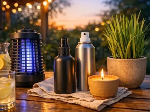 Wieczorny relaks na tarasie: lampa UV, spray, świeca i napój. Skuteczne środki, co odstrasza komary w nocy, zapewniają spokój.
