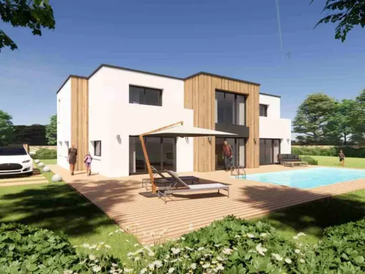 Une famille profite de sa nouvelle maison moderne avec piscine. Le rêve de construire sa propre maison est devenu réalité.