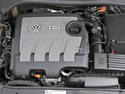 Silnik TDI 1.6. Zastanawiasz się, 1.6 tdi ile oleju potrzebuje? Widok komory silnika VW z widocznym korkiem wlewu oleju.