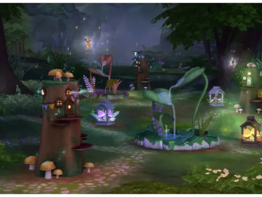 Magiczny las z The Sims 4, pełen fantastycznych roślin, grzybów i wróżek.