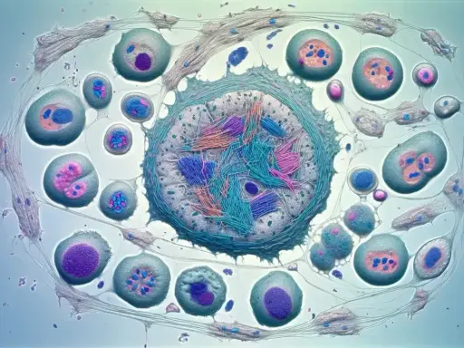 Células en división, algunas con cromosomas visibles, en un proceso que recuerda a la meiosis II.