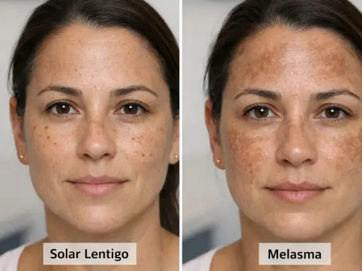 Comparaison de taches de vieillesse : d'un côté, des taches solaires légères, de l'autre, un mélasma plus prononcé.