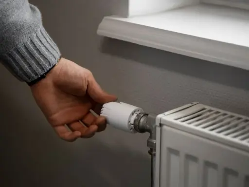 Dłoń reguluje termostat grzejnika. To przykład histerezy, czyli opóźnienia reakcji systemu na zmianę.