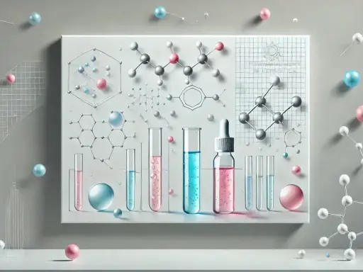 Molecole e provette in un laboratorio. La chimica dietro il significato di antiossidante, con sfere colorate che rappresentano atomi.