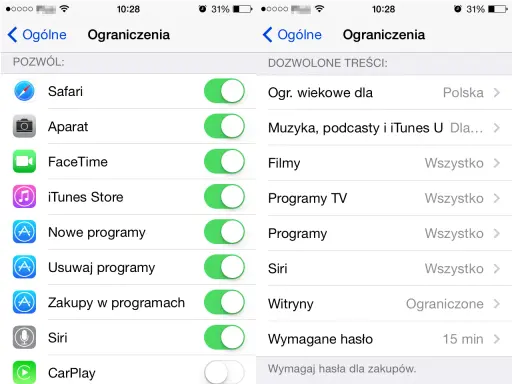 Ustawienia iPhone: kontrola rodzicielska pozwala zarządzać dostępem do aplikacji, treści i funkcji.