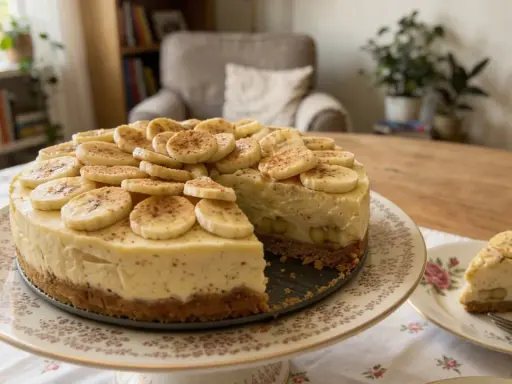 Pyszny sernik z bananami, udekorowany plasterkami owoców i cynamonem, kusi na paterze. Obok kawałek na talerzyku.