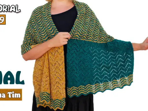 Chal tejido a dos agujas con patrones de zig-zag en amarillo y verde. Tutorial 1609.