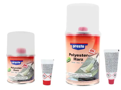 Presto Polyesterharz-Spray mit Härter für Reparaturen an Metall, Holz und Beton. Ideal für Durchrostungen, Löcher und Risse.
