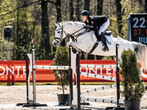 Greta Busacker und ihr weißes Pferd überwinden eine Hürde. Im Hintergrund eine digitale Anzeigetafel.