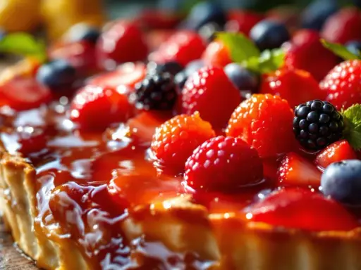 Tarte aux fruits rouges, fraises, framboises, mûres et myrtilles, nappée d'un glacage fruit rouge brillant.