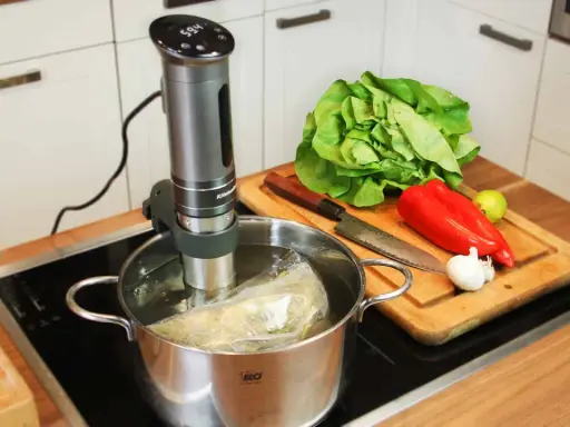 Sous vide garen: Ein Stab im Wasserbad, daneben frisches Gemüse auf einem Holzbrett. Perfekt für zarte Ergebnisse.