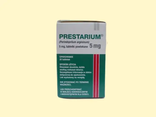 Opakowanie leku Prestarium 5 mg, zawierające 30 tabletek powlekanych. Stosować doustnie zgodnie z zaleceniami lekarza.