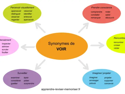 Carte mentale illustrant les synonymes de "voir", classés par nuances : percevoir visuellement, regarder intensément, surveiller, imaginer/projeter, rencontrer/assister à, prendre conscience.