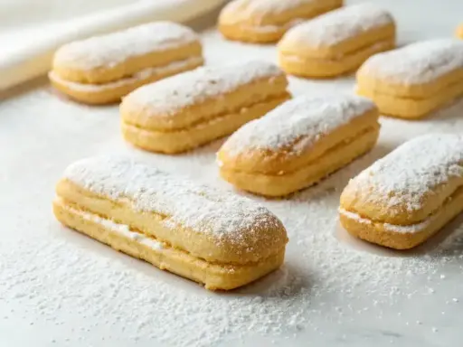 Une rangée de biscuits cuillère saupoudrés de sucre glace, prêts à être dégustés.