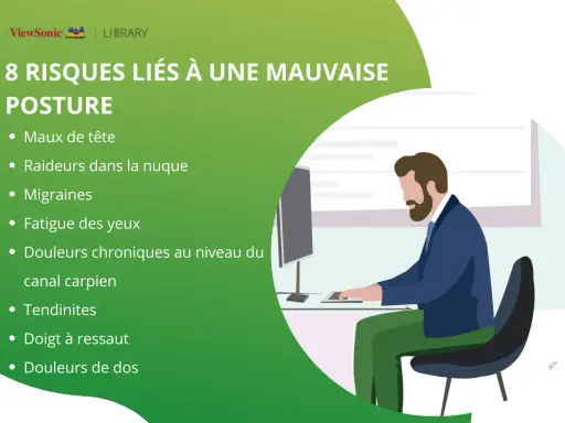 Un homme au travail, assis devant un écran, illustre les risques d'une mauvaise posture. L'ergonomie est essentielle pour éviter maux de tête et douleurs dorsales.