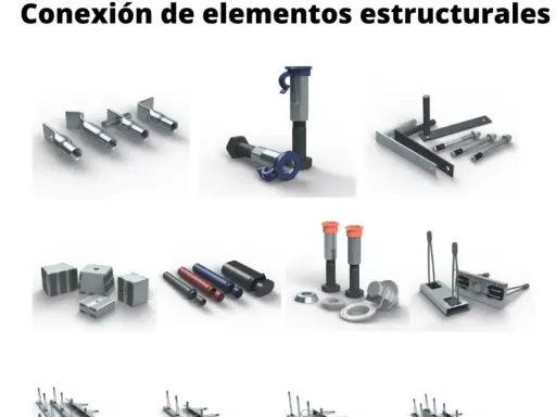 Diversos elementos para uniones mecánicas: pernos, tuercas, escuadras y anclajes.
