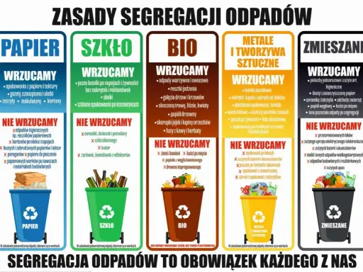 Zasady segregacji odpadów: papier, szkło, bio, metale i tworzywa sztuczne, zmieszane. Recykling śmieci to obowiązek każdego z nas.