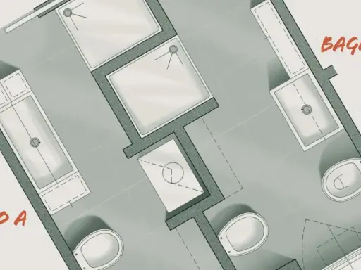 Progetto per ricavare due bagni adiacenti: Bagno A con vasca e lavabo, Bagno B con doccia, vasca e WC.