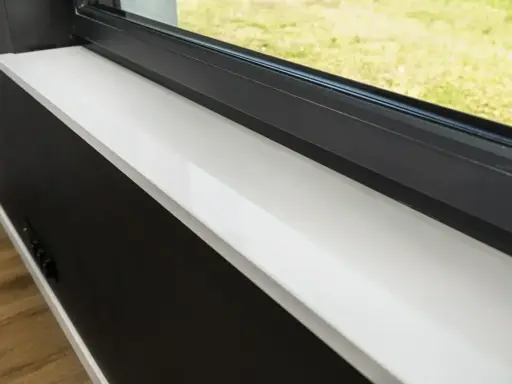 Biały parapet z konglomeratu przy czarnym oknie. Czym czyścić konglomerat, by lśnił jak nowy? Delikatna ściereczka i woda wystarczą.