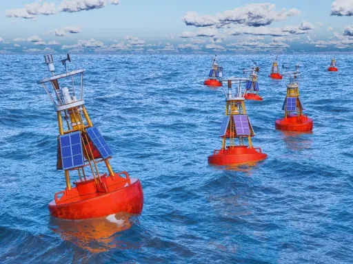 Plusieurs bouées de navigation solaires orange flottent sur une mer bleue agitée. Ces balises bateau guident les navires.