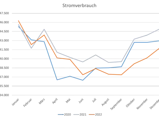 Linien-Diagramm zeigt Stromverbrauch in GWh für Deutschland 2020-2022. Die Prognose für den Strombedarf Deutschlands zeigt saisonale Schwankungen.