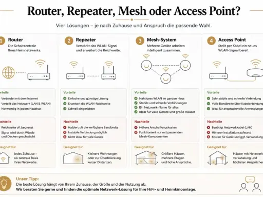Vergleich von Router, Repeater, Mesh & Access Point: So kann man sein Internet verbessern. Die Grafik zeigt vier Lösungen für das Heimnetzwerk.