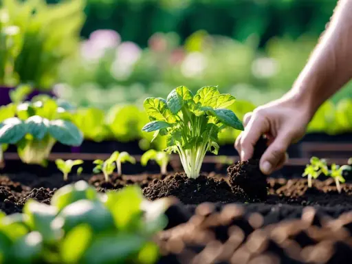 Main verte, une main ajoute de la terre autour d'un jeune plant. C'est le début de la culture, une étape clé pour savoir comment semer la mâche.