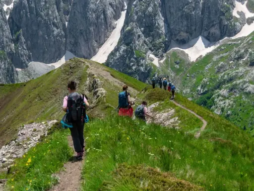 Grupa turystów wędruje po górskim szlaku. W tle majestatyczne, skaliste szczyty. Dbają o bezpieczeństwo w górach, idąc w zwartej grupie.