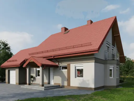 Nowy dom z czerwonym dachem i szarą elewacją, otoczony zielenią.