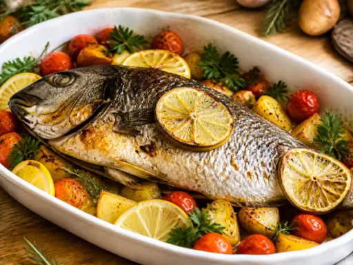 Un plat appétissant de filet de daurade rôti, garni de quartiers de citron, de tomates cerises et de pommes de terre.