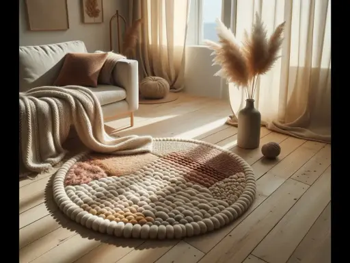 En rund ullmatta med olika texturer och färger ligger på ett trägolv. En stickad pläd ligger över en soffa i bakgrunden.