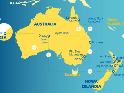 Mapa pokazuje podróż z Dubaju do Australii i Nowej Zelandii, z zaznaczonymi atrakcjami jak Uluru, Wielka Rafa Koralowa i Hobbiton.