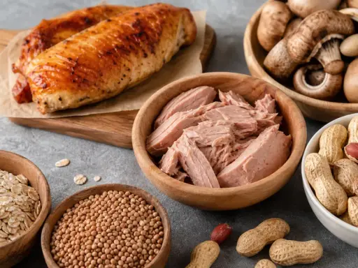 Cibi ricchi di niacina, utili per prevenire la pellagra malattia: pollo, tonno, funghi, arachidi, avena e ceci.