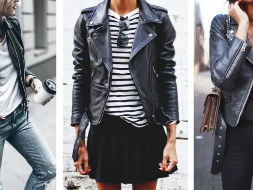 Tre modi per indossare una giacca di pelle: con jeans strappati, gonna a pieghe o pantaloni neri. Perfetta per ogni occasione.