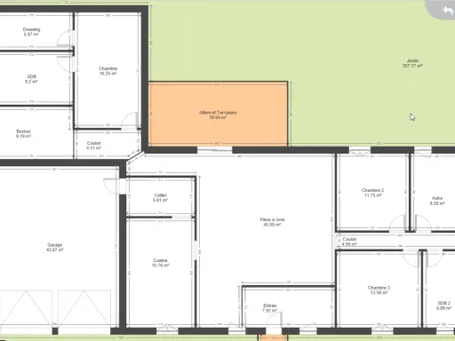 Plan maison plain pied avec garage, pièce à vivre, 3 chambres, cuisine, cellier, SDB, bureau et terrasse.