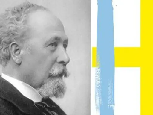 Porträtt av Helgo Zettervall, en framstående svensk arkitekt, bredvid en stiliserad svensk flagga.