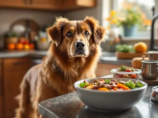 Un golden retriever attend patiemment sa nourriture, un plat appétissant de viande et de légumes est posé sur le comptoir de la cuisine.
