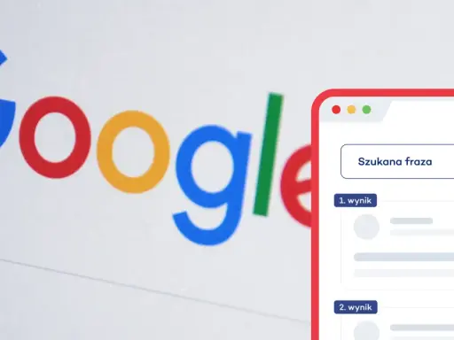 Logo Google i okno wyszukiwania z polem "Szukana fraza" oraz wynikami. To idealne miejsce na wymianę linków.