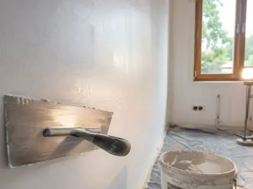 Narzędzie do wygładzania ścian, pokazujące jak położyć gładź. W tle wiadro z masą i okno.