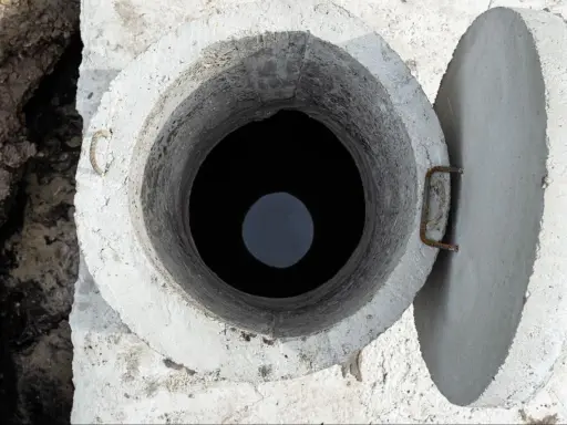 Otwarty betonowy właz szamba, widok z góry. Rozważasz, jak uszczelnić szambo betonowe od środka?