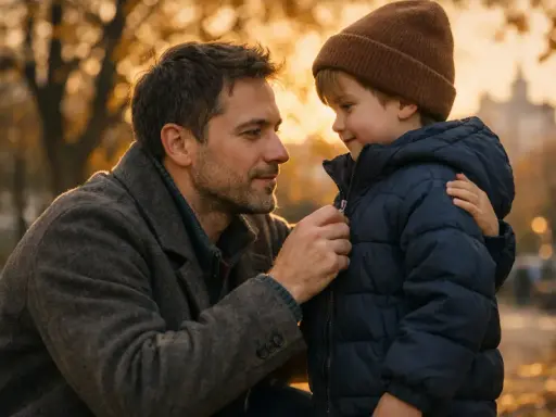 Ojciec zapina synowi kurtkę, czuły moment po rozstaniu. Prawa ojca do dziecka bez ślubu są ważne.