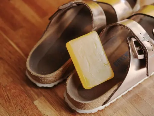 Kostka mydła obok sandałów Birkenstock, gotowa do czyszczenia.