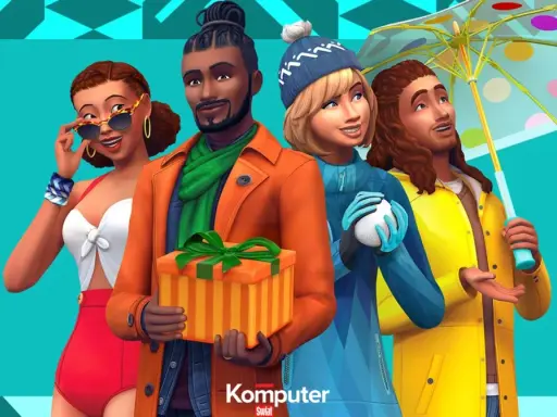 Cztery postacie z gry The Sims, w tym kobieta w stroju kąpielowym, mężczyzna z prezentem, dziewczyna z kulką śniegu i mężczyzna z parasolką. To idealne simsy dla dorosłych!