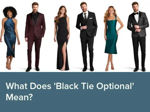 Six people in formal wear, including a burgundy black tie optional suit, a black suit, and elegant dresses, stand against a white background.