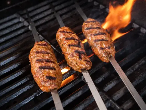 Drei saftige Seekh Kebabs brutzeln auf dem Grill über offenem Feuer.