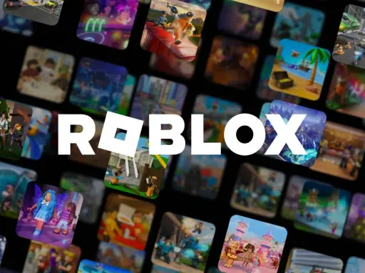 Logo Roblox otoczone mozaiką z miniaturkami fajne gry na roblox. Widać różne światy i postacie.